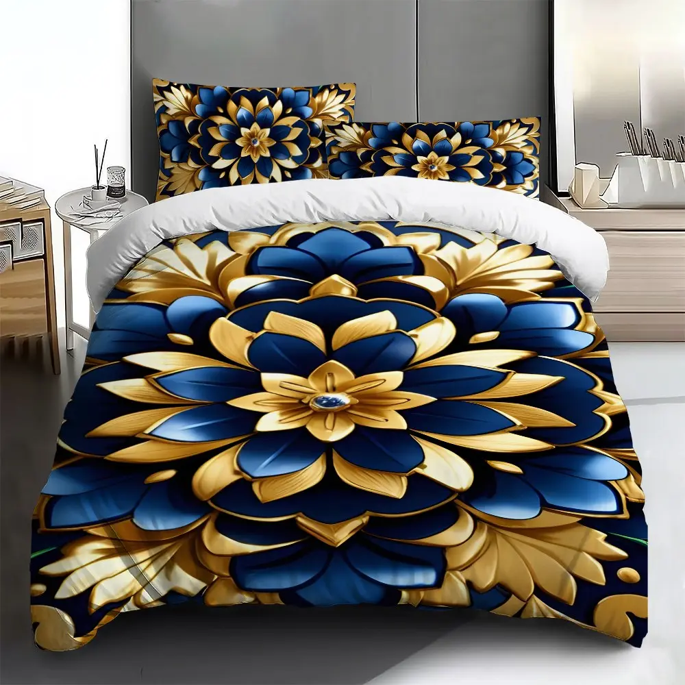 Three-piece bedding set - 2pcs/3pcs 2D Flat blue and gold floral pattern duvet cover set (1 duvet cover + 1/2 pillowcases, no insert), multi-color printed bedding set, soft and comfortable, suitable for family bedrooms and guest rooms.