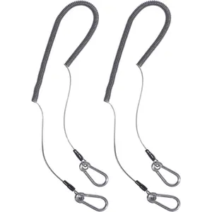 2Pcs Retractable Coil Lanyard with Carabiner, Long Coiled Tether for Tools, Rods and Fishing Tackle, Black