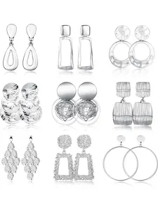 9 Pairs Clip on Drop Earrings for Women Dangling Rectangle Round Trapezoid Square Tassel Hoop Metal Geometric Indian Statement Earrings Clipon Earrings-Non Pierced Dangle Earrings Set（Gold/Silver） High Quality Earrings
