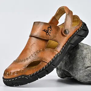 GREKS Men's Casual Hiking Beach Sandals Hand-Stitched Hollow Slip-on Wide Fit Non-Slip Breathable Dark Brown Black