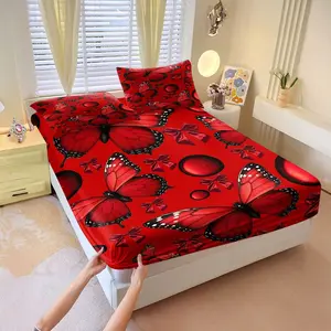 3Pcs Bold Red Monarch Butterfly Fitted Sheet Set, Repeating Pattern with Luxurious Satin Bow Ties, Glossy Orbs, Deep Red Aesthetic, Perfect for Romantic Bedroom Decor and Cozy Nights. Includes 2 Pillowcases, No Pillow Core