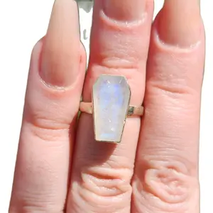 Sterling Silver Rainbow Moonstone Ring - Coffin Shape