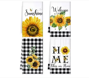 4 Pcs Sunflower Kitchen Towels Spring Summer Gifts Sunflower Floral Hand Dish Towels Absorbent Sunshine Yellow Grid Fast Drying Decor Housewarming Gift for Cooking Bathroom Kitchen Decor
