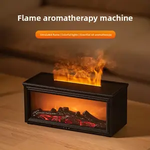A humidifier with a simulation fireplace flame design that can diffuse essential oils.
