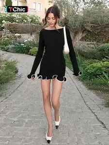 Women's Colorblock Wave Hem A-Line Long Sleeve Knit Dress, Casual Fashion Fall & Winter, Comfortable Daily Wear, Casual Comfy Chic