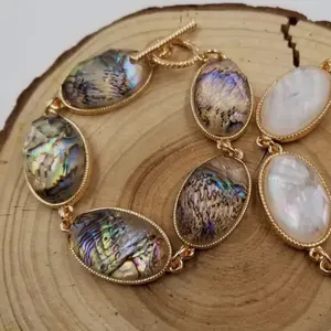 Natural Abalone Shell Semi Precious Bracelet with Gold-Tone Chain and Colorful Oval Pendants