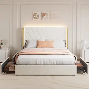 Upholstered Led Bed Frame With 4 Storage Drawers-Queen