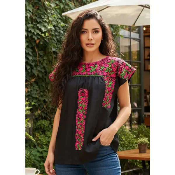 San Antonino Mexican Gala Blouse with Silk Embroidery Black