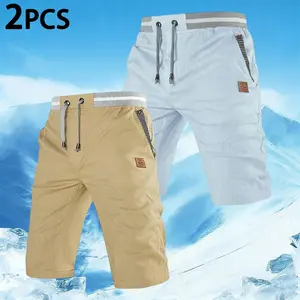Daily Wardrobe Basic Essential Casual Bottom Men's Minimal Relaxed Casual Shorts, Contrast Stripe Elastic Waist With Braided Drawstring And Understated Vintage Leather Label Detail, Loose Straight Cut For All Scenario Daily Outfits