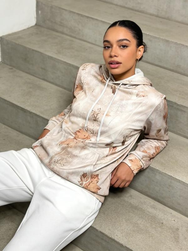Womens Camo Maple Leaf Hoodie | Oversized Lightweight Printed Fleece Hooded Sweatshirt with Pocket |  Camo Leaf Branch All over Print | Casual Fabric Womenswear Everyday Polyester Style Tops Breathable Long Sleeve