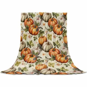 Thanksgiving Throw Flannel Blanket for Couch Sofa Bed, Orange White Pumpkin Fallen Leaves Microfiber Soft Fleece Blankets All Season Warm Cozy Bedding for Women Men Kids,