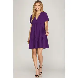 Women's Casual Drop-Shoulder Sleeve V-Neck Tiered Dress, Vibe-Focused Everyday Clothes