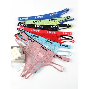 6pcs Floral Lace Open Crotch Thongs, Low Waist Intimates Panties for Women - Sexy Lingerie in Assorted Colors with "LOVE" Waistbands, Intimate Apparel|Low Waist Thongs|Nylon Lace Fabric