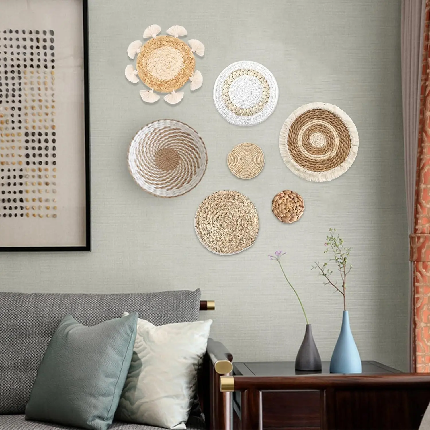 7Pack hanging Woven Wall Basket Decor, Boho Wall Basket Set, Seagrass Rattan Wicker Boho Wall Decor, Eco-Friendly Round Art for Farmhouse Bedroom Living Room Display Table Settings Kitchen Home