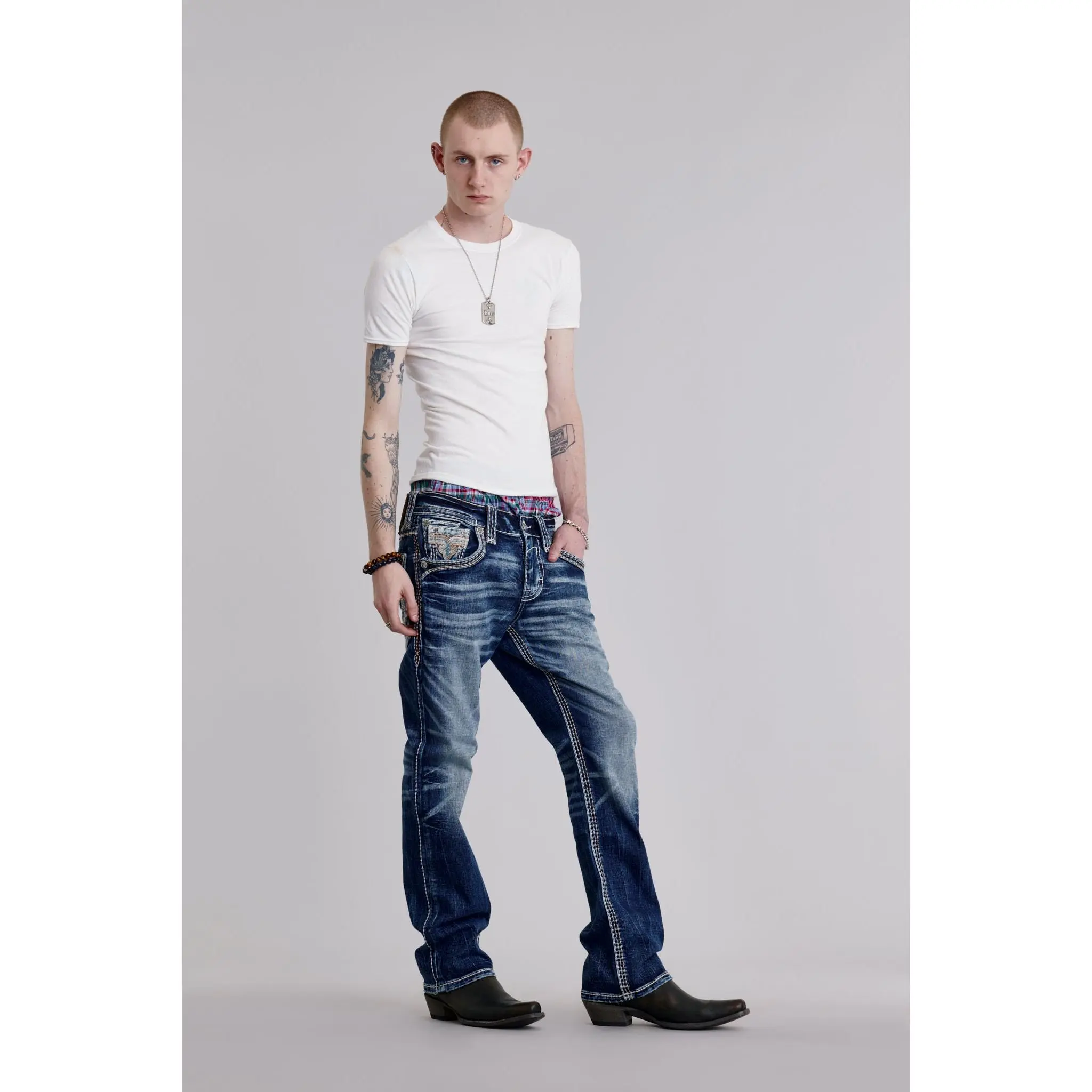 Rock Revival Zaid In Dark Blue Bootcut Jeans, Embroidery, Mensfashion, Bootcut Men's Jeans, Patch Adds Identity