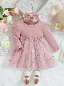 Baby girl pink long sleeved dress with vertical stripe top, ruffled sleeves, mesh skirt, flower embroidery bow decoration, sweet baby clothes