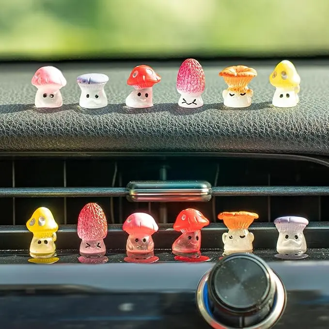 12PCS Luminous Mushroom Car Dashboard Decorations, Cute Mushroom Decor for Women Rear View Mirror Ornament Cute Car Decor Interior Dashboard Accessories for Home Office