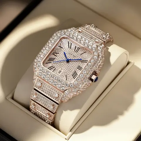 Men's 42mm Sleek Luxurious Iced-Out Moissanite Dial Square Diamond Style Watch - 30M-50M Waterproof, Analog-Digital, Metal Bracelet Link-Adjust Fit Stainless Steel Casual Business Wristwatch, Full Diamond Look Sparkle All Day for Banquets