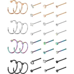 Jstyle 36Pcs Stainless Steel 20G Nose Rings Hoops Surgical Nose Ring L Shaped Nose Studs Heart Flower Star Nose Piercing Jewelry Multicolor 6mm 8mm 10mm Nose Ring Hoop for Women