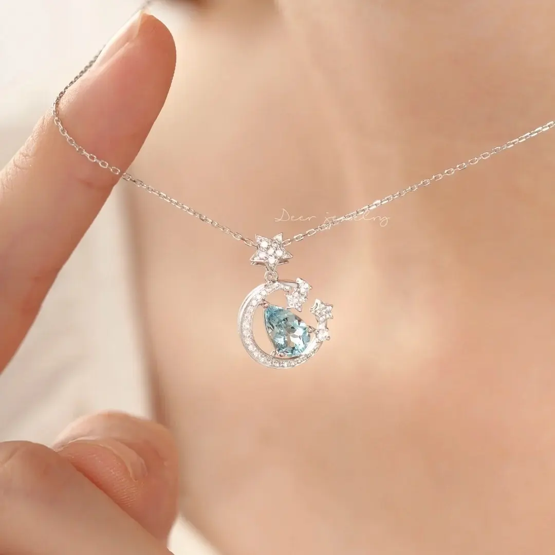 Blue Stardust Niche Design Micro-Paved Aquamarine Star and Moon Necklace