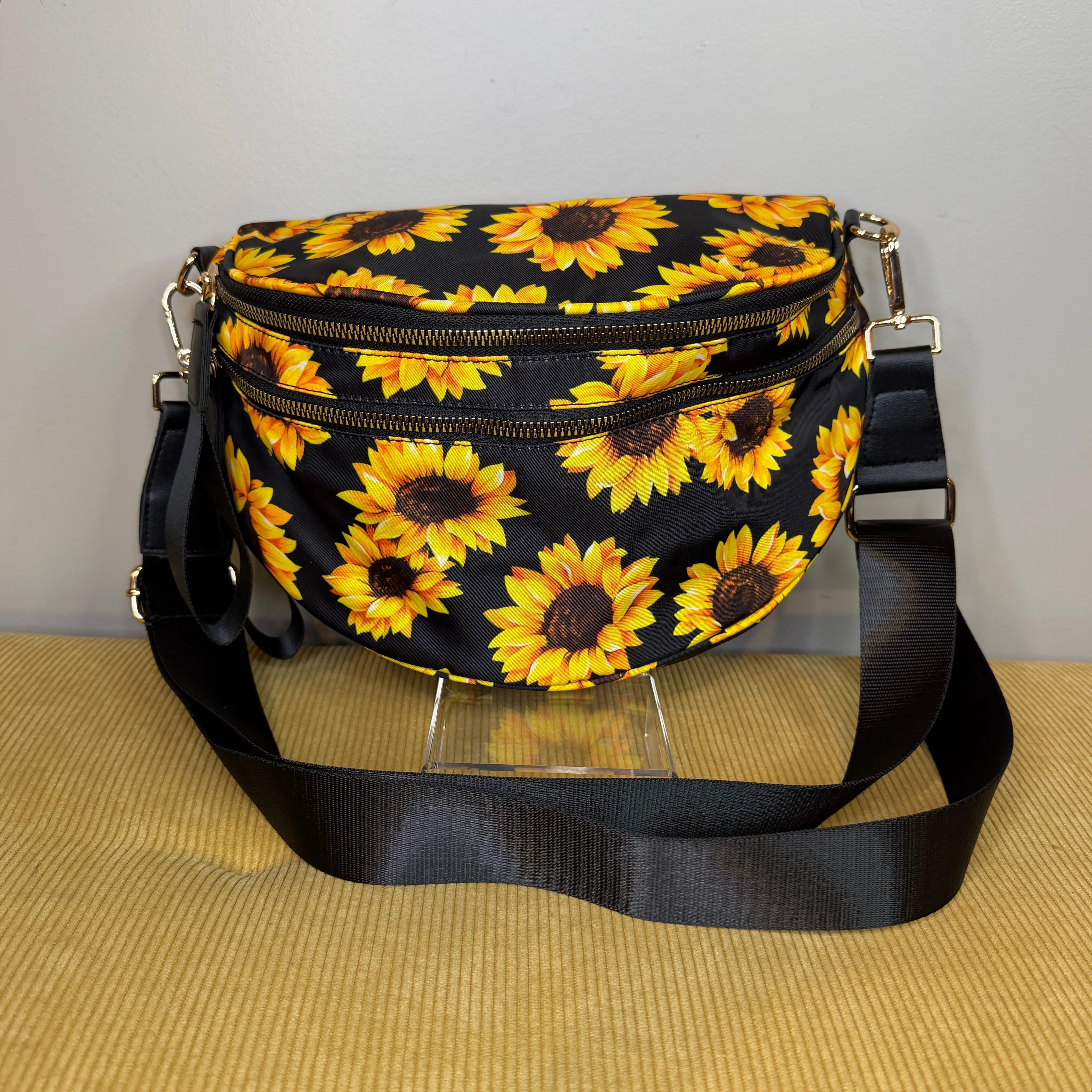 The Roni Nylon Bum Bag Crossbody - Floral Yellow Sunflower on Black