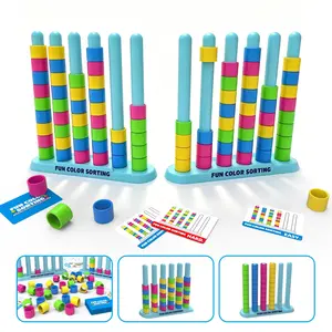 Color Sorting Stack Puzzle Game for Kids & Family, Ring Matching Brain Teaser, Fast Reflex Strategy Game, 2 Player Table Game with Challenge Cards