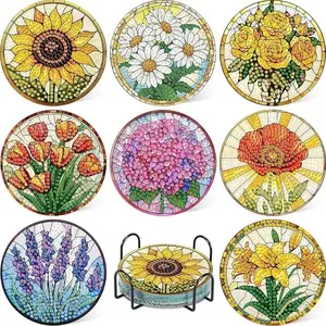 8-Piece Diamond Embroidery Coaster Set Flower Pattern (with Stand), DIY Diamond Art Craft Kit for Beginners, Home Decoration Gift, Diamond Painting Kits