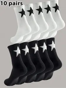 10 Pairs Star Mid-Calf Socks, Breathable Sweat-Absorbing Street Style Fashion, Unisex Sports & Daily Wear