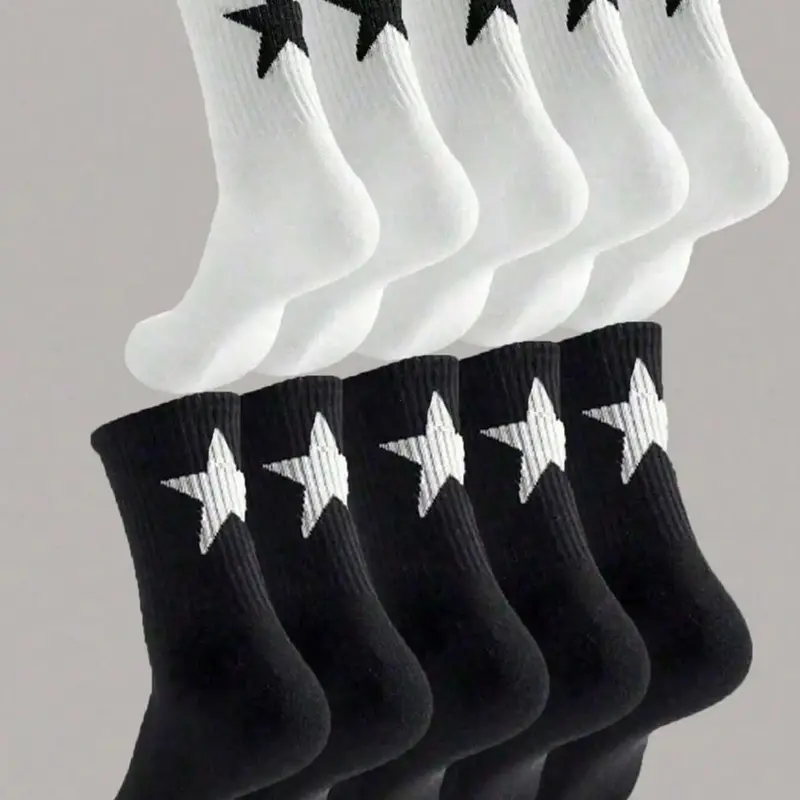 10 Pairs Street Style Star Pattern Mid-Calf Socks, All Season Socks, Socks Men, Athletic Socks, Workout Socks, Breathable Sweat-Absorbing Fabric, Unisex Sports Socks for Daily Wear