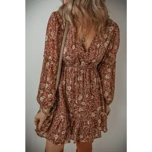 Brown Boho Floral Ruffled Puff Sleeve V Neck Mini Dress