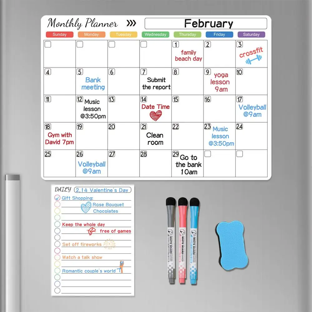 Magnetic Dry Erase Calendar, 1 Set Monthly Calendar Whiteboard with 3 Dry Erase Markers & 1 Eraser, Daily Planner for Fridge, Office Stationery & Supp