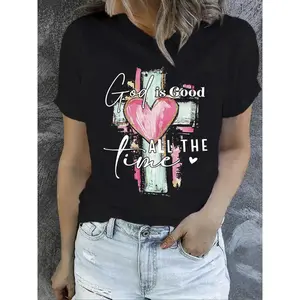 Women's 100% Cotton Casual T-Shirt with Inspirational "God is Good All The Time" Print, Loose Fit Round Neck Short Sleeve, Breathable Summer Top for Outdoor Camping & Holiday Gifts, Allseason Wear | Religious Graphic Tee | Knit Fabric Tee Womenswear Flat