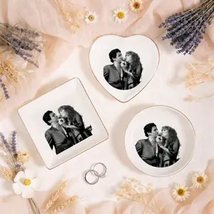 Vintage Rock Couple Ceramic Ring Dish - Classic 70s Music Singer Photo Printed Jewelry Tray, Elegant Gold Rim Heart Round Square Decorative Plate, Vanity Nightstand Bathroom Organizer, Gift for Music Fan Mom Wife Anniversary