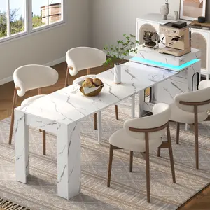 Loomie Extendable Dining Table with Charging Station & LED Lights for 6-8, 19.7" to 98.4" White Faux Marble Dining Table