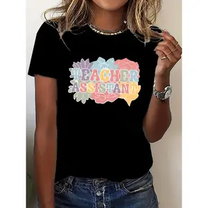 Fashionable Y2K Vibrant Women'S Short-Sleeve T-Shirt - Featuring a Teaching Assistant Letter Pattern, This Fresh And Comfortable Round-Neck Top Is Easy to Wear.Made from A, It'S Suitable for All Seasons And Various Occasions
