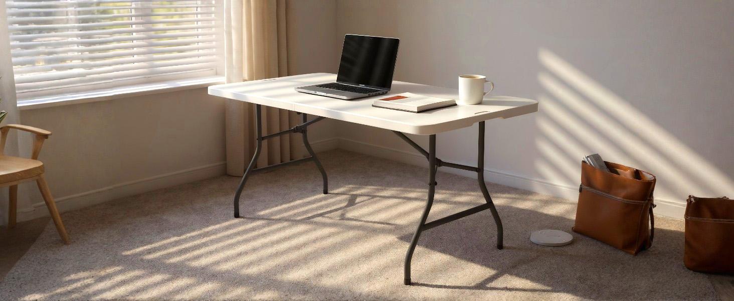Heavy Duty Portable Folding Table, 7 ft, Indoor & Outdoor, Fold-in-Half Design with Carrying Handle, White | Portable, Heavy Duty, Indoor & Outdoor, with Carrying Handle