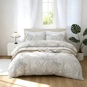 3-Piece Minimalist Line Tropical Leaf Printed Bedding Set, 1 Duvet Cover (No Insert) + 2 Pillowcases (No Insert), Soft Fabric with Easy Removable Zipper, Elegant Bedroom Decor, Spring & Summer New Duvet Cover