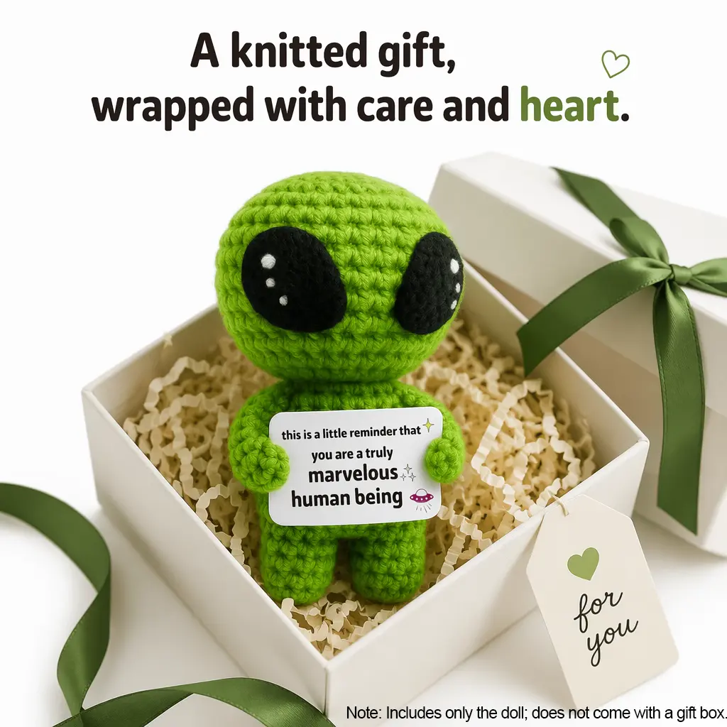 Funny Crochet Alien Plush Toy Cute Alien Doll with Sweet Message Gift for Friends Coworkers Family Birthday Graduation Celebration and Daily Decoration