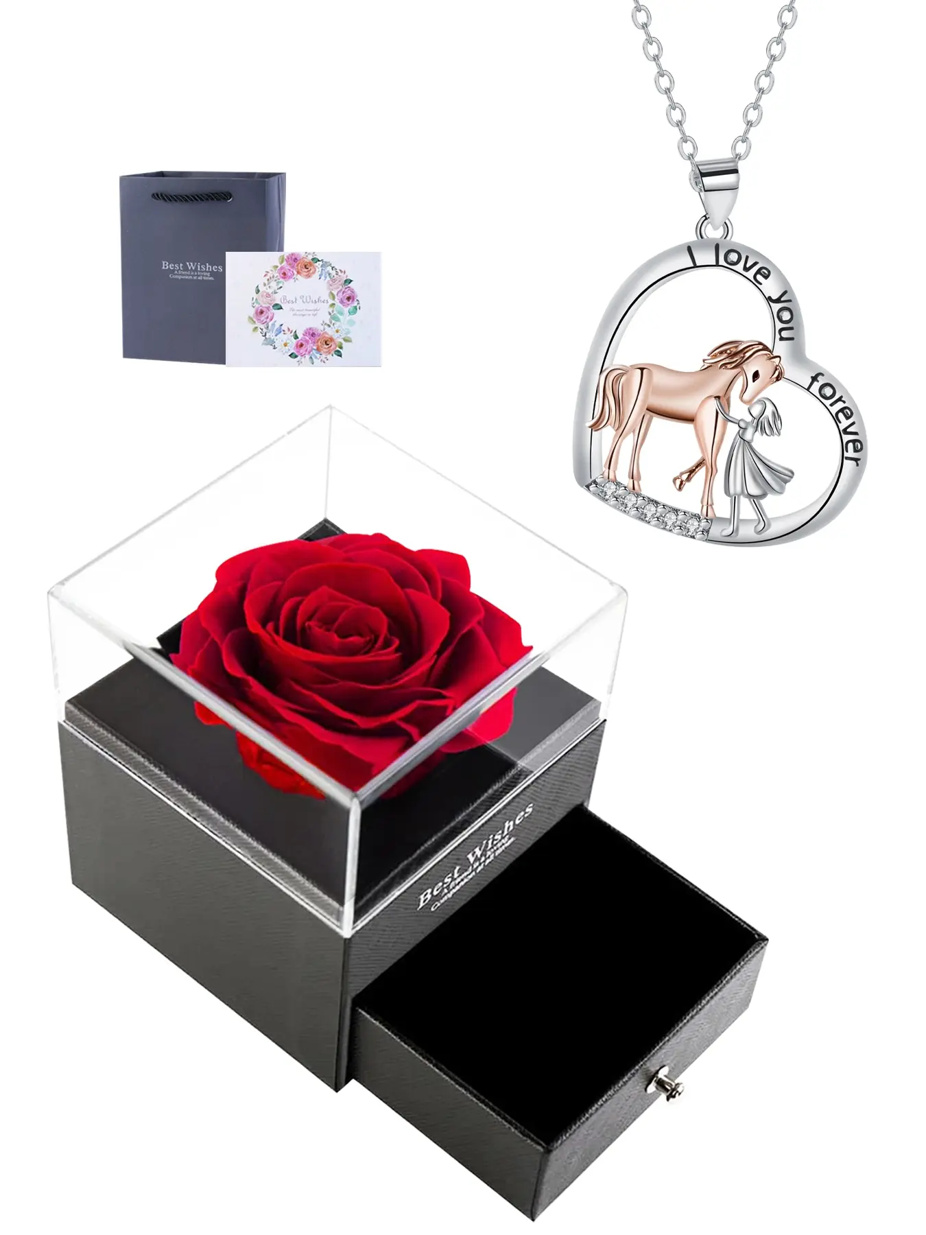 Girls and Horse Necklace With Rose Jewelry Gift Box, Horse Necklace Heart Pendant Necklace, Birthday Jewelry Gifts for Horse Lover Daughter Granddaughter, Valentine's Day Gift for Girlfriend