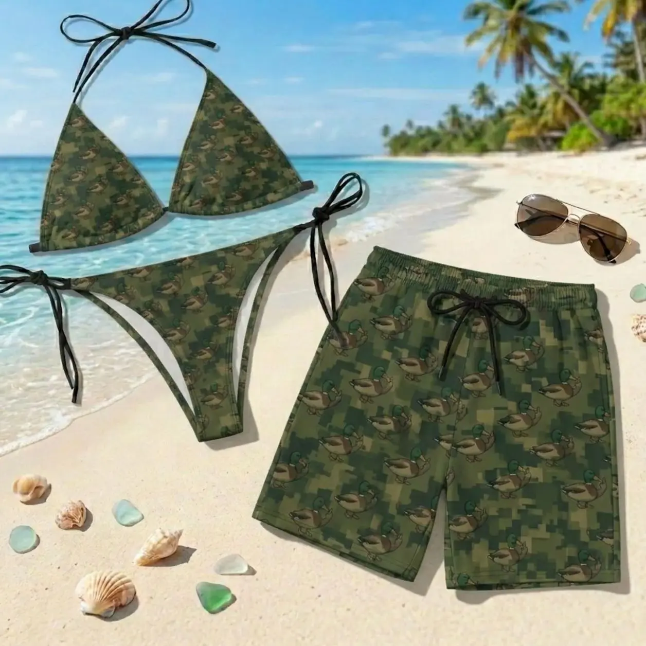 Couple's Matching Swimwear Set, Hawaiian All Over Print Duck Camo Bikini and Shorts, Lightweight Quick-Drying for Beach, Pool Party Gift Idea S, Cruise, Bathing Suit, Swimsuits, Polyester