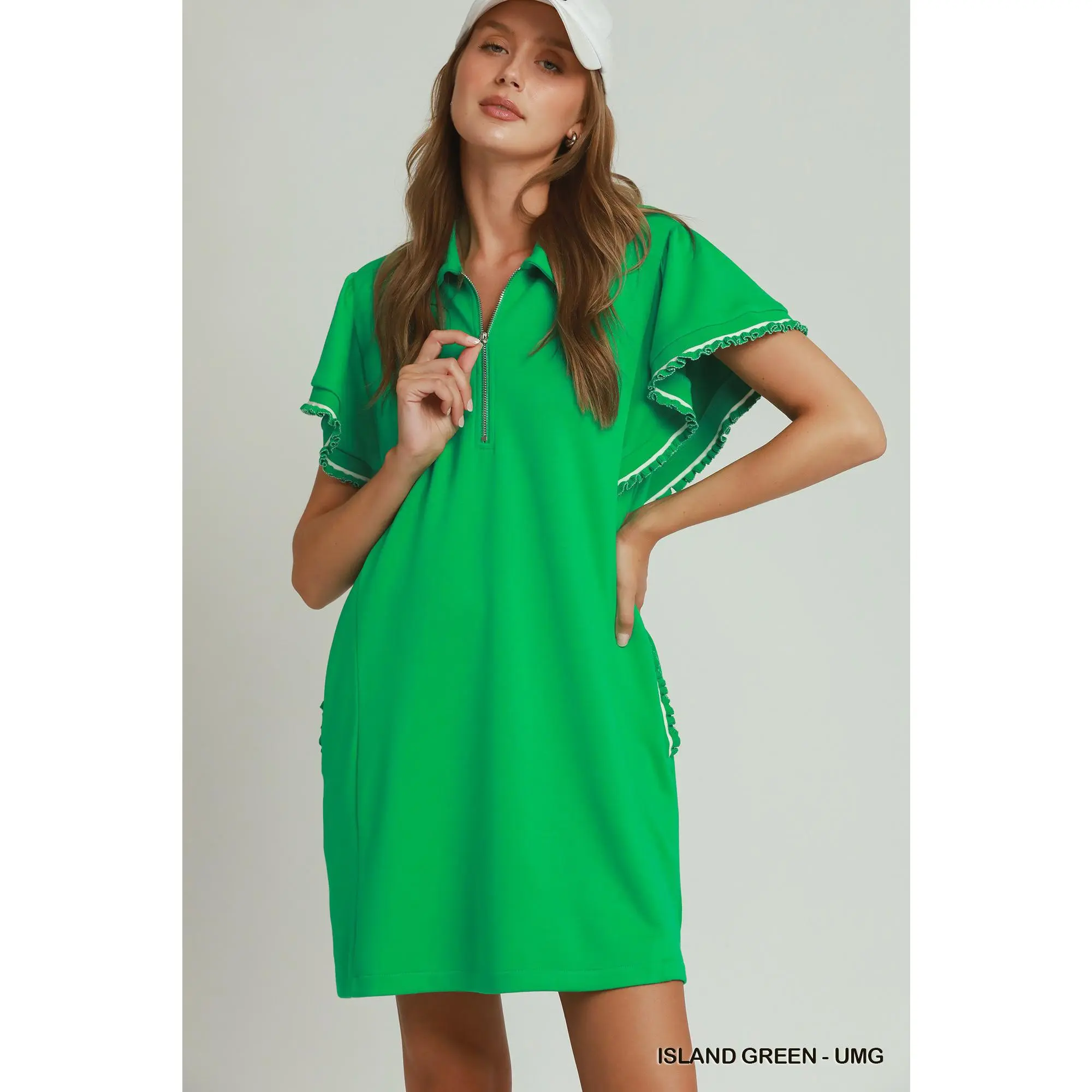 Umgee Half Zip Ruffle Rib Band Butterfy Sleeve Mini Dress with Pockets