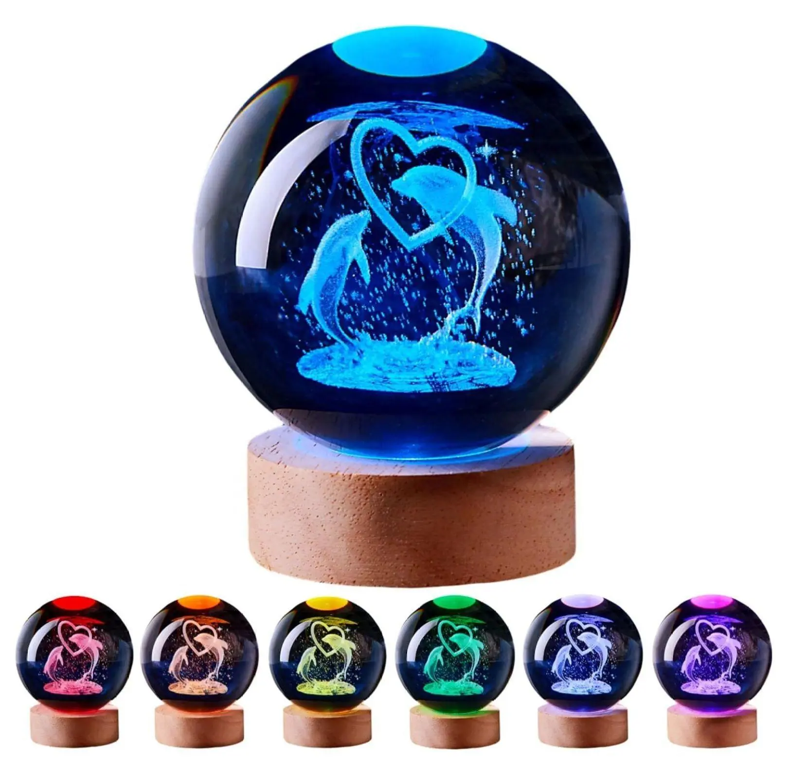 3D Laser Engraved Dolphin Crystal Glass Night Light with Wooden Base, 16-Color Changing Ambient Glow, Remote On/Off, Touch Sensor, USB Powered Ocean Themed Stuff for Pet Owners, Bedroom Decor Gift