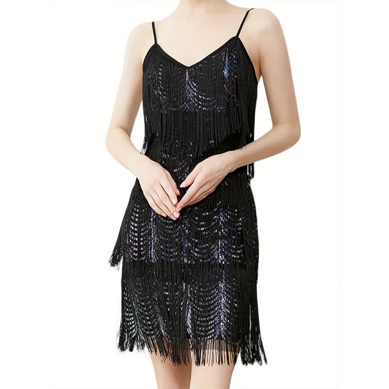 Women Sling Dress, Sleeveless Off Shoulder V Neck Tassels Casual Party Summer Dress Fabric Fit Womenswear Spandex Black Formal