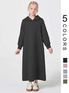 Girl's Solid Drop Shoulder Hooded Abaya, Modesty Long Sleeve V Neck Dress for Daily Wear, Kids Clothes for Fall & Winter