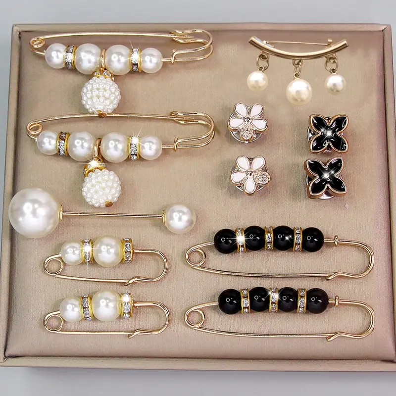 Mother's Day Gift 12pcs/set Fashion Faux Pearl Decor Brooch, Rhinestone & Flower Decor Clothes Brooch, Flower Brooch Pin Clip, Elegant All-match Fashion Accessories for Daily Flower Pins