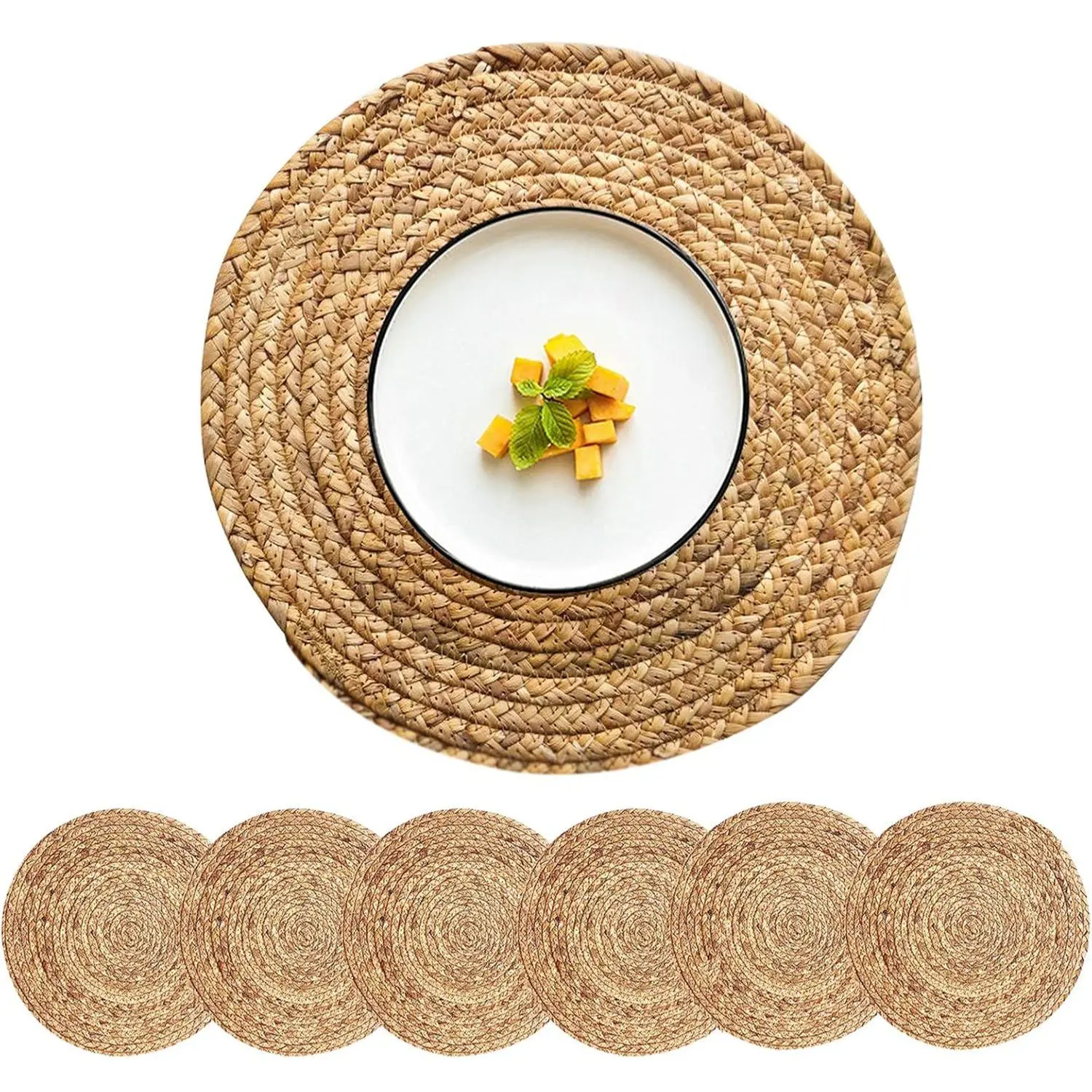 Pack of 6 Woven Placemats Round Placemats Set, 14 Inches Wicker Placemat Circle Rattan Placemats Farmhouse Boho Braided Natural Water Hyacinth Place Mats for Indoor & Outdoor Table Decor