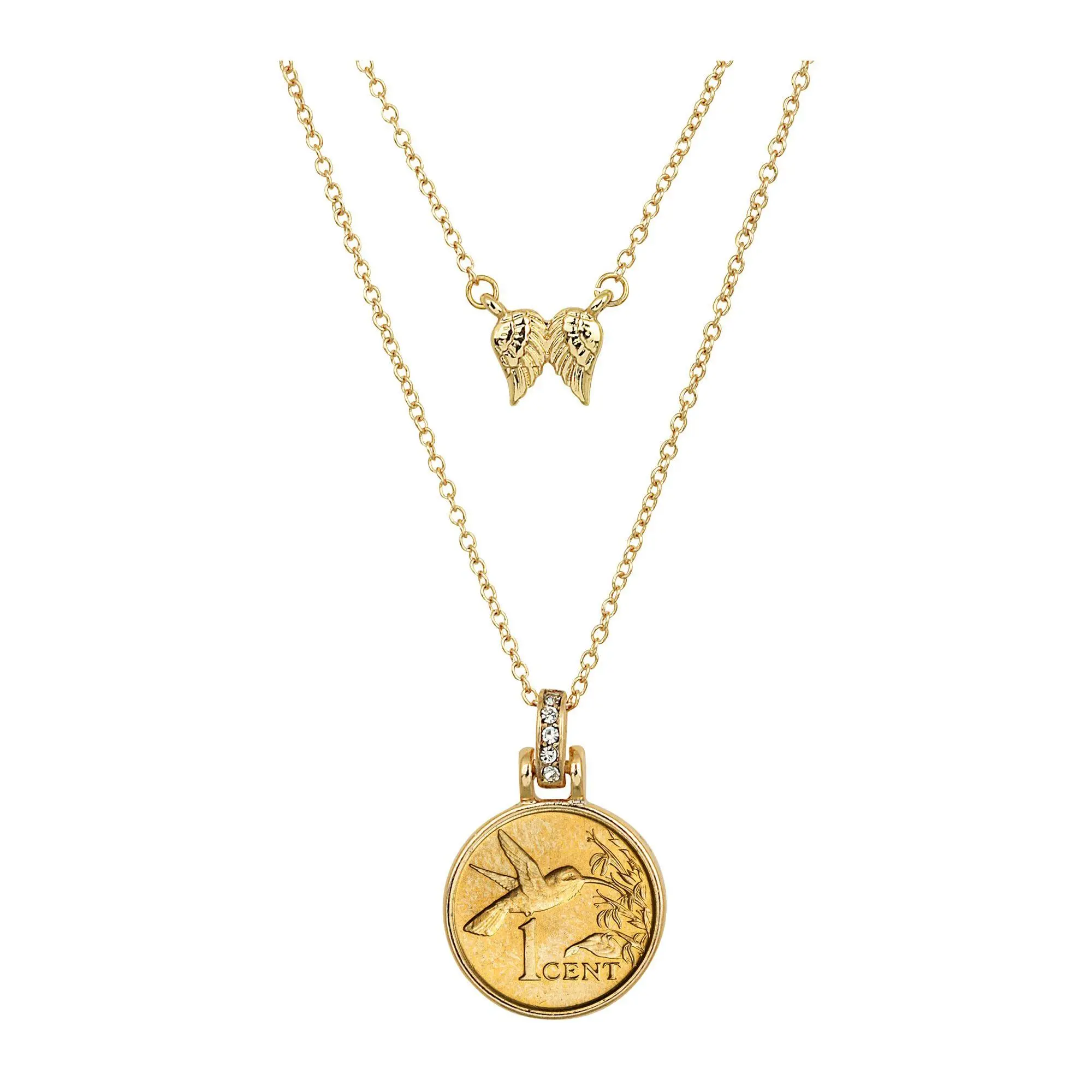 Hummingbird Coin Pendant Double Chain With Angel Wings Hummingbird Coin Pendant Double Chain With Angel Wings