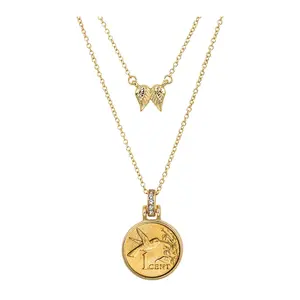Hummingbird Coin Pendant Double Chain With Angel Wings Hummingbird Coin Pendant Double Chain With Angel Wings