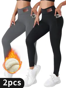 2pcs Women's High-Waist Fleece-Lined Leggings with Pockets - Stretchy, Slimming Thermal Tights for Winter Warmth