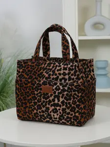 New product, 1 piece, large capacity, multiple pockets, retro style, leopard print, thickened fabric, handbag, cloth bag, lunch bag, portable miscellaneous bag, shopping bag, suitable for work and school, Lunch Bags Women